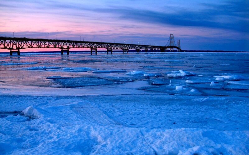 Ice-covered Water with Bridge
