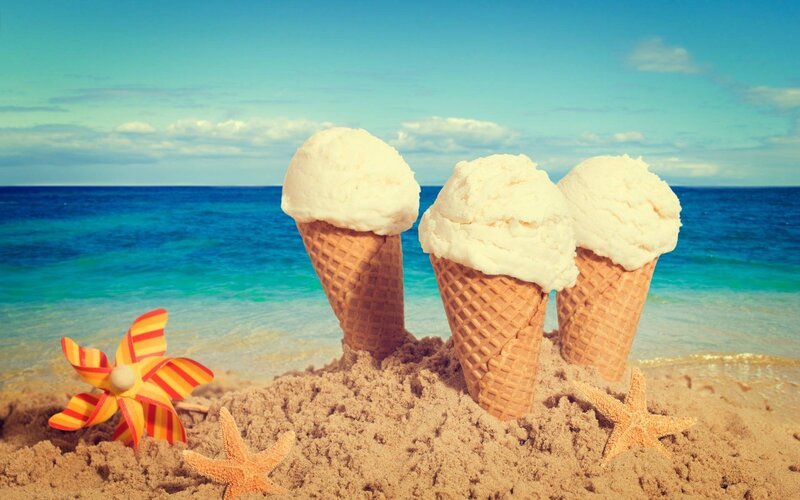 Ice Cream Cones on Beach — Blue, Relaxed, Summer