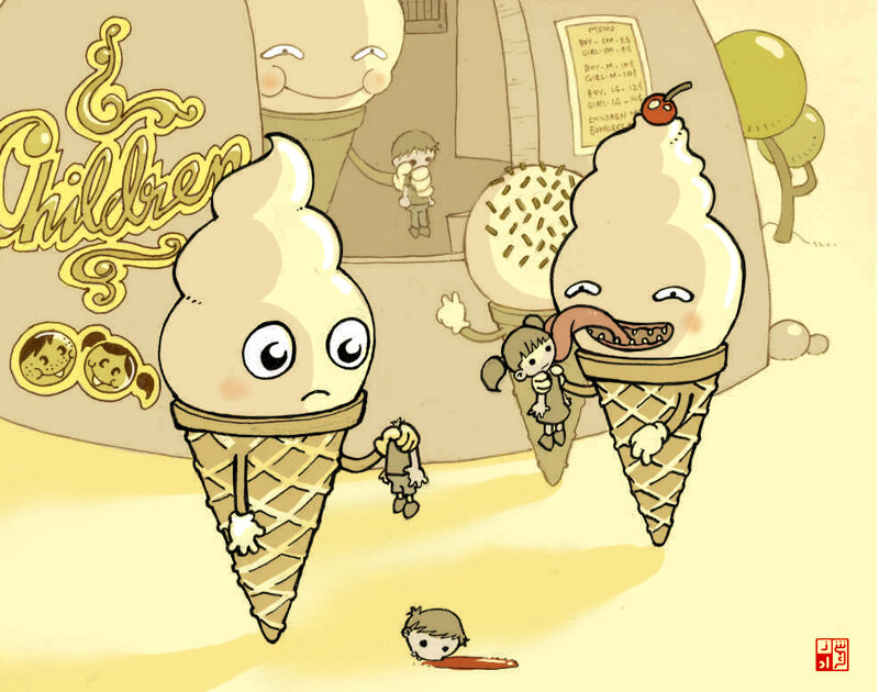 Ice cream monsters in a shop