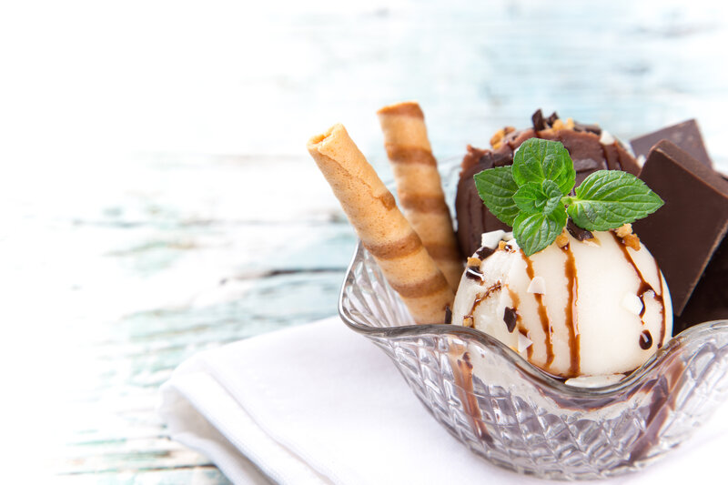 Ice Cream Sundae — White, Refreshing, Photograph, Mint Leaves, Chocolate Sauce