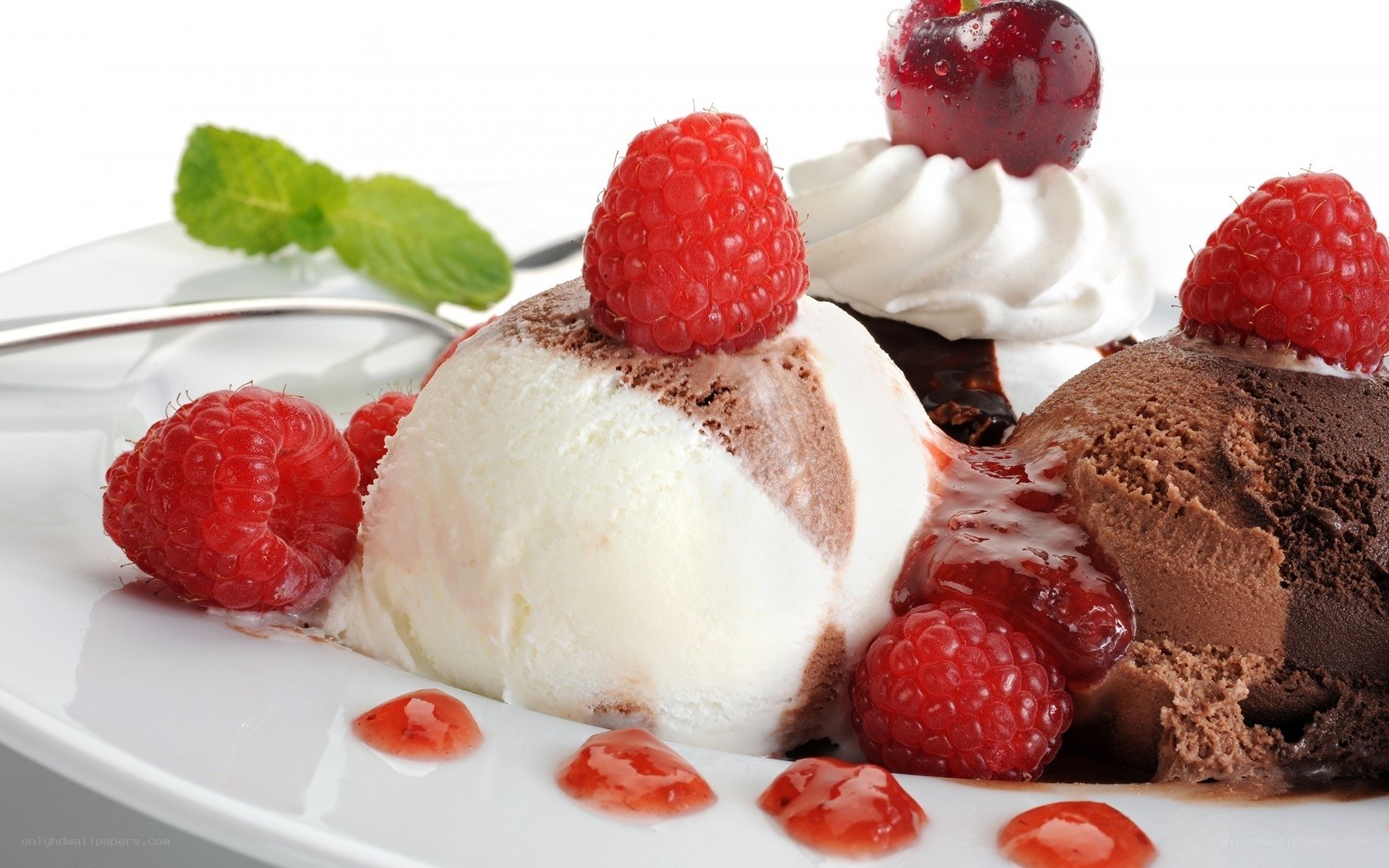 ice cream with berries and mint
