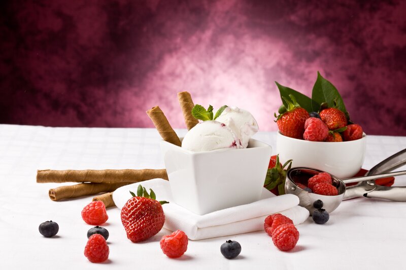 Ice Cream with Berries — White, Appetizing, Photograph, Strawberries, Raspberries, Blueberries, Mint, Red