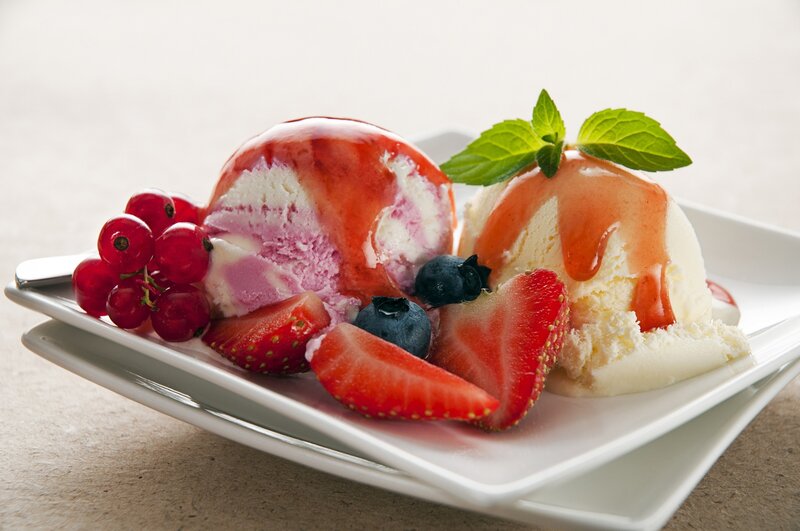 Ice Cream with Berries — White, Fresh, Photograph, Strawberries, Blueberries, Red Currants