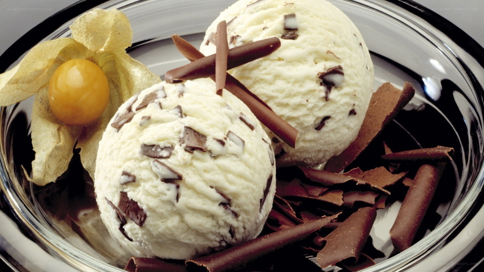 ice cream with chocolate and physalis