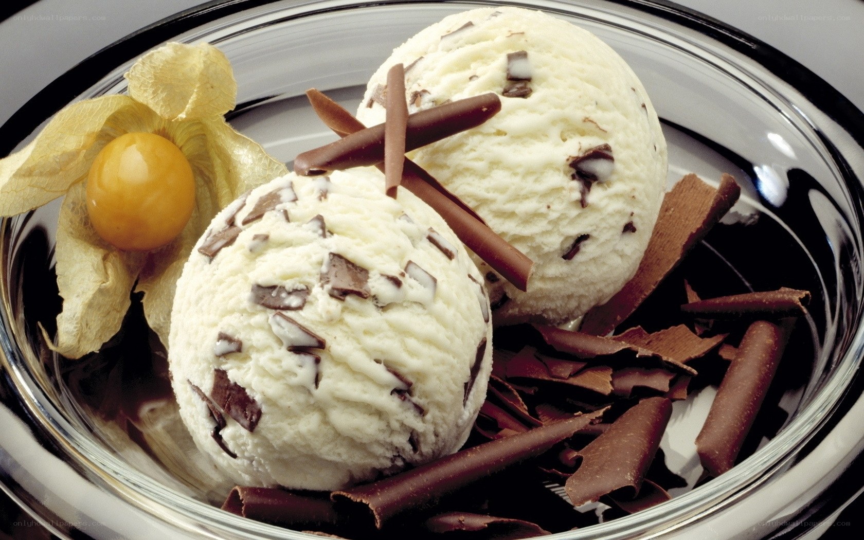 ice cream with chocolate and physalis