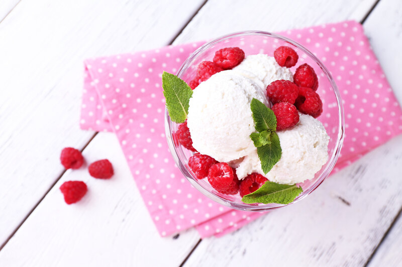 Ice Cream with Raspberries — White, Fresh, Photograph