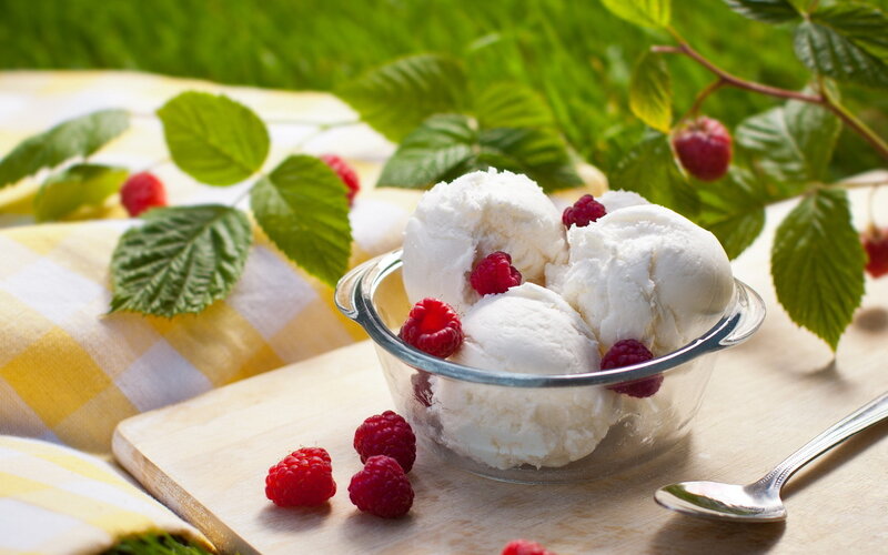 Ice Cream with Raspberries — White, Fresh