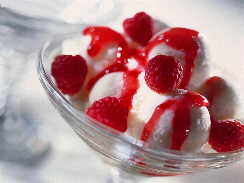 Ice Cream with Raspberries — White, Sweet