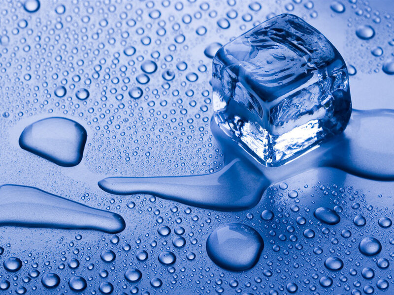 Ice Cube Melting — Blue, Cool, Photograph, Water Droplets