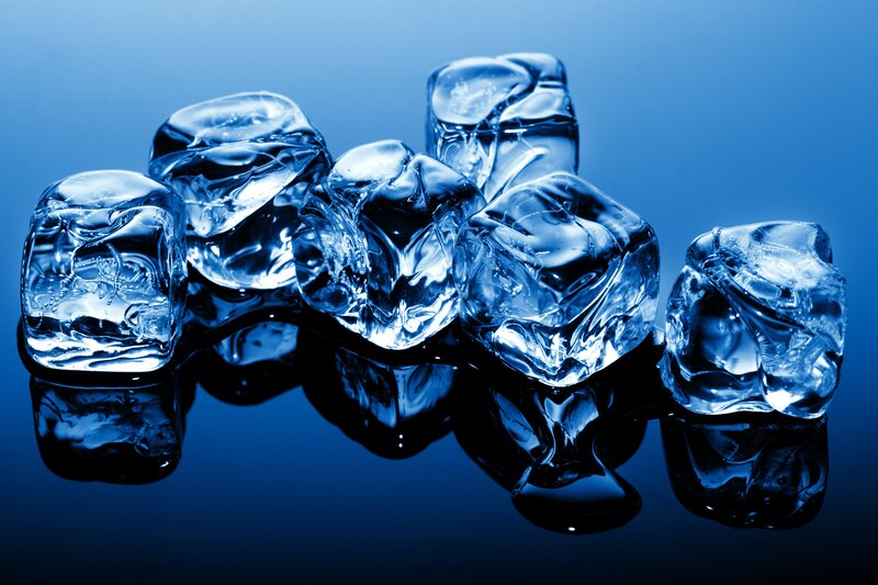 Ice Cubes on Reflective Surface — Blue, Cool, Photograph, Reflection