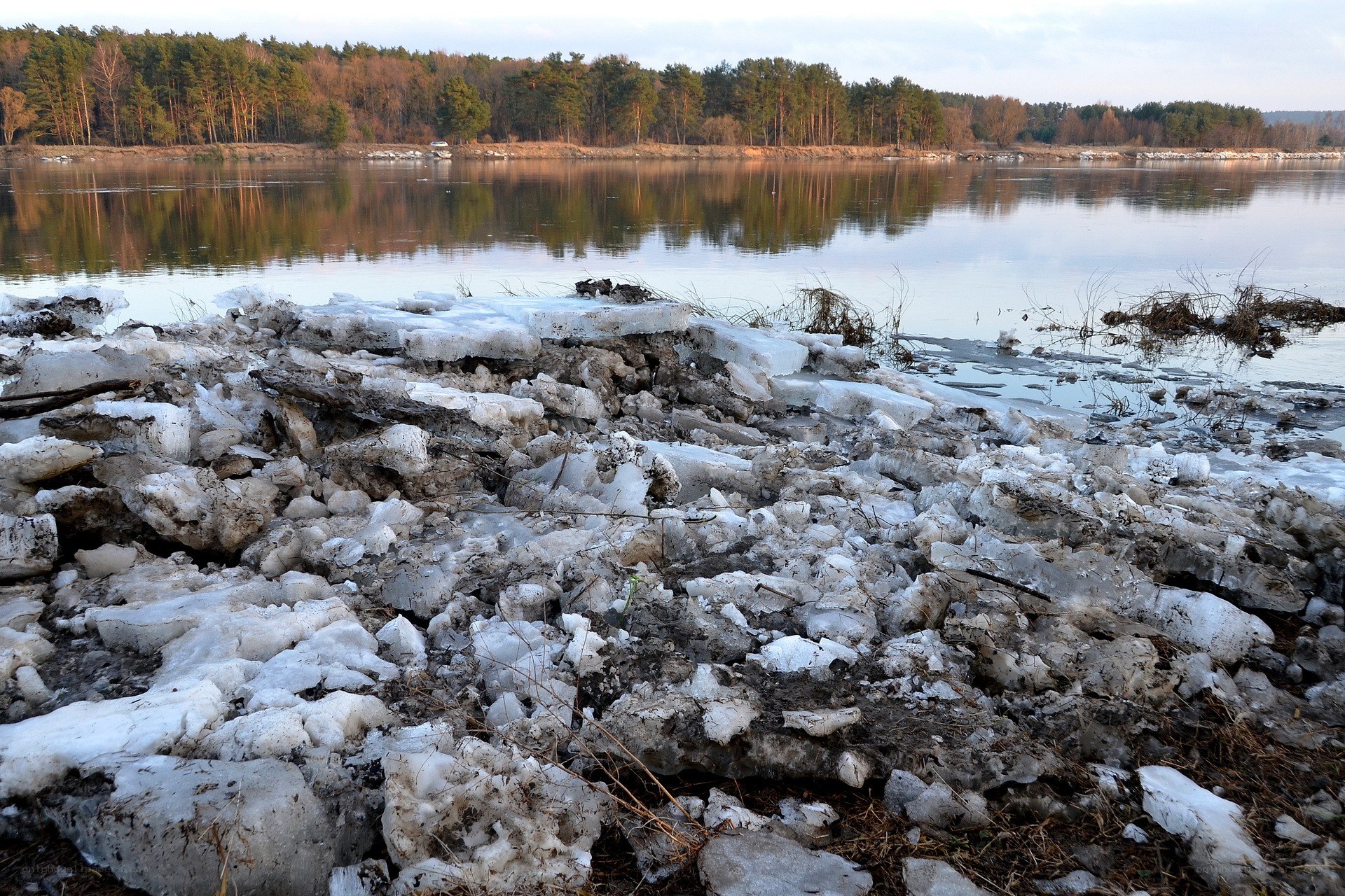 ice debris on riverbank