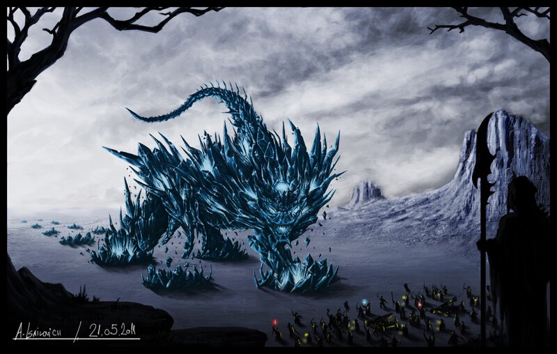 Ice dragon confronts warriors