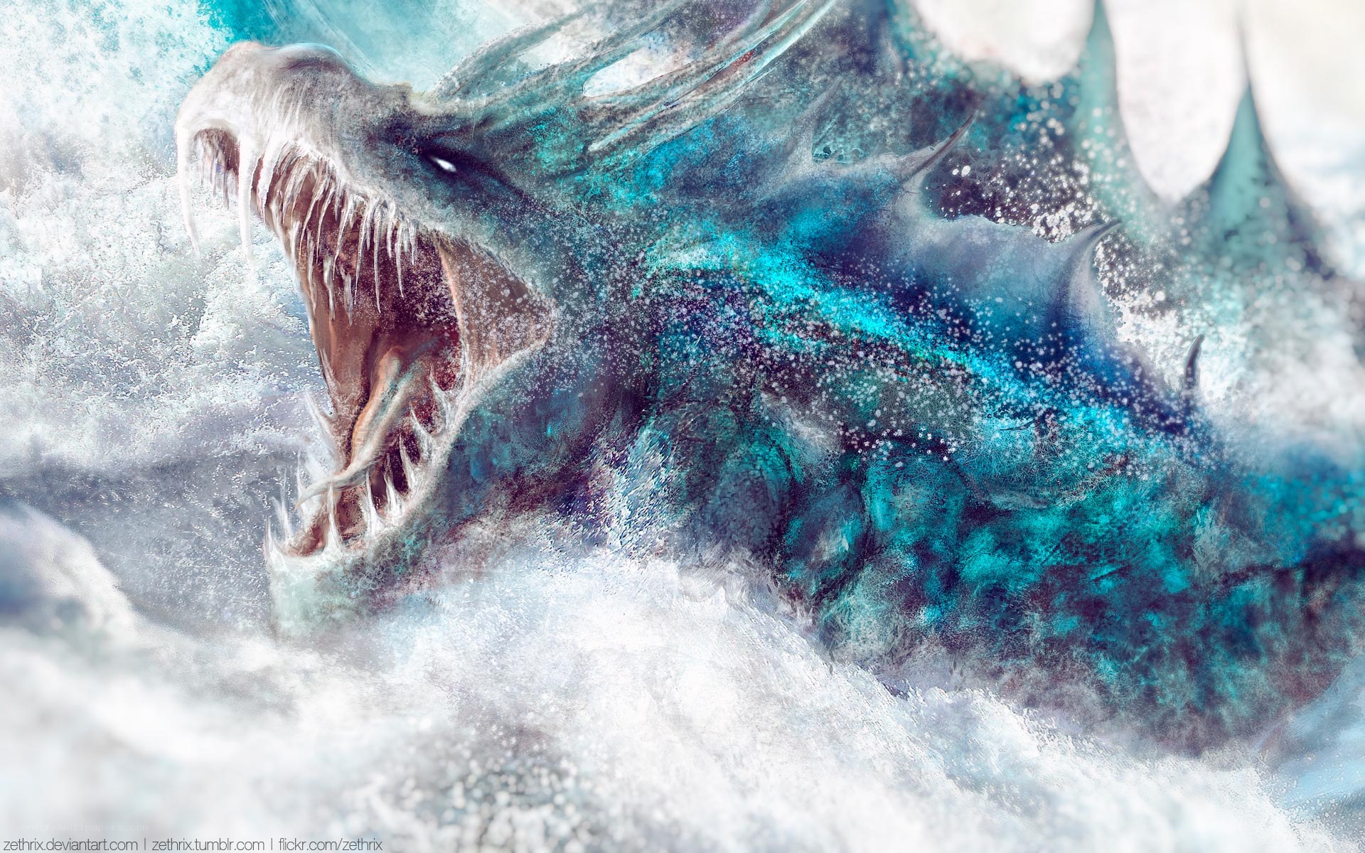 ice dragon emerging from waves