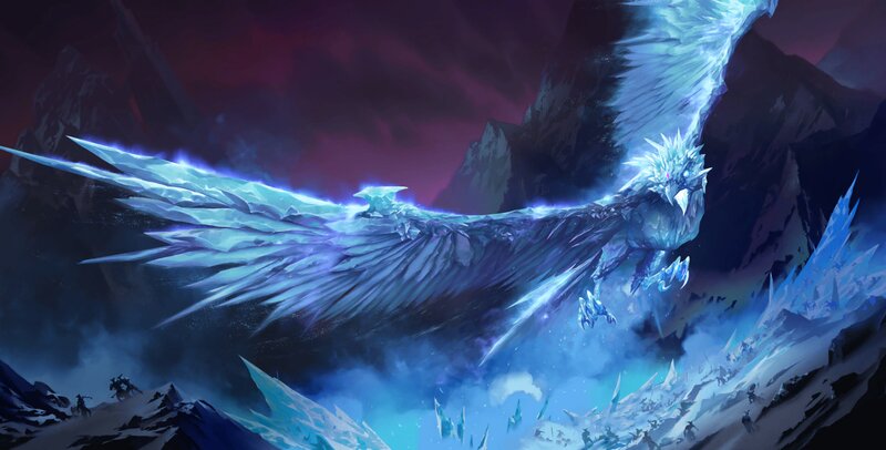 Ice Dragon in Flight — Blue, Dramatic, Night, Digital Art, Mountains, Sky