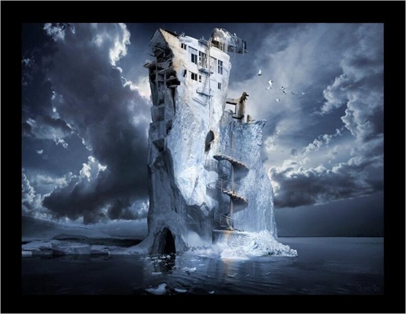 ice-encased tower in storm