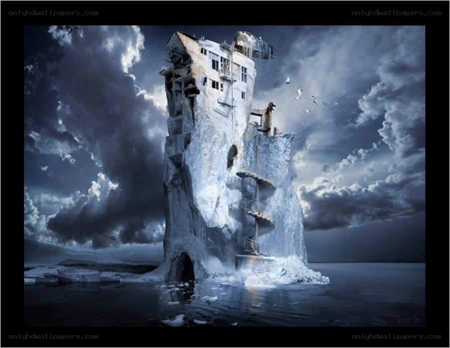 ice-encased tower in storm