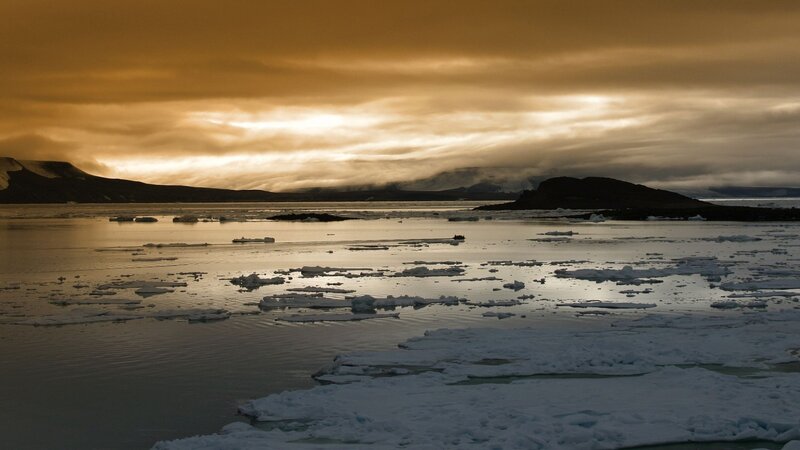 Ice Floes in Polar Water — Brown, Dramatic, Sunset, Photograph, Icebergs