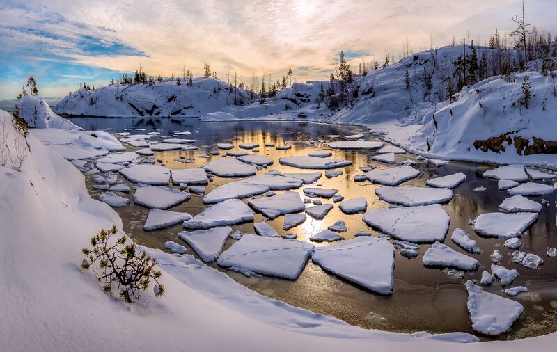 Ice Floes on River — White