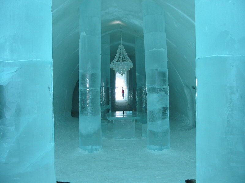 ice hotel corridor with chandelier