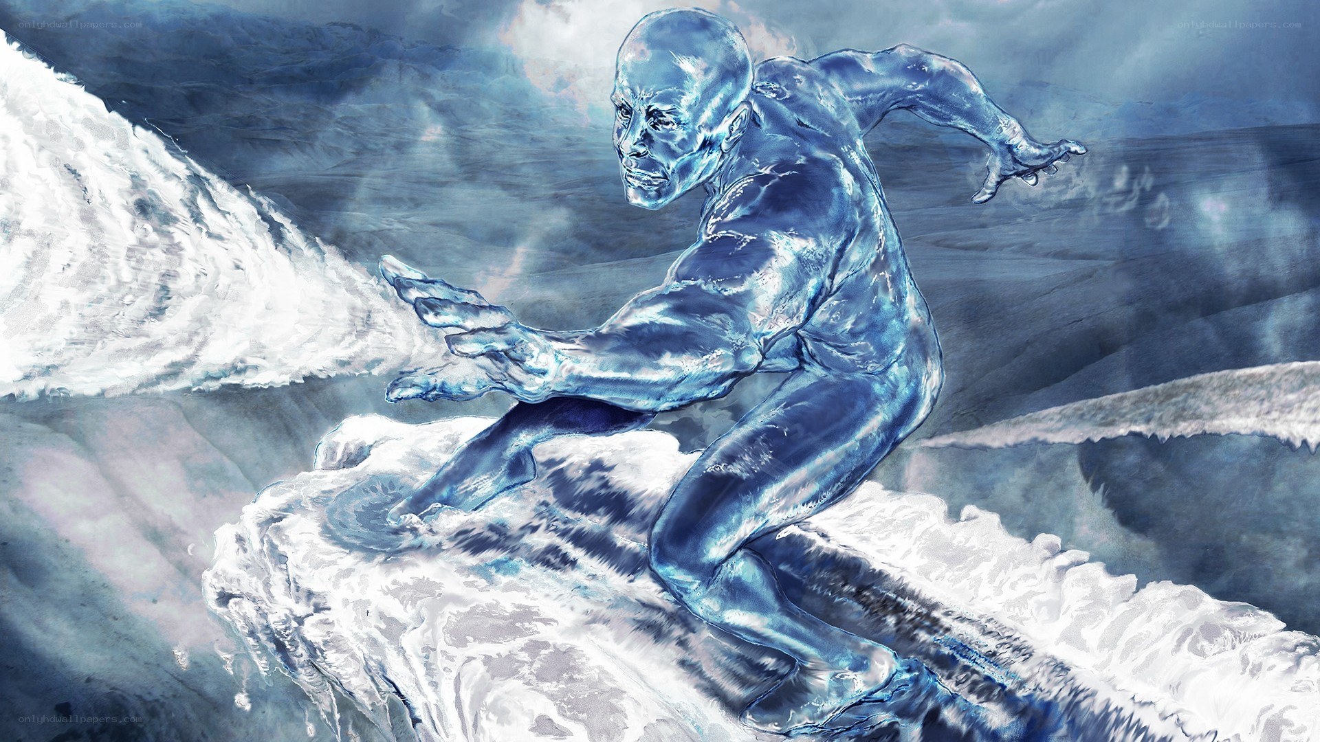 ice man surfs on a wave