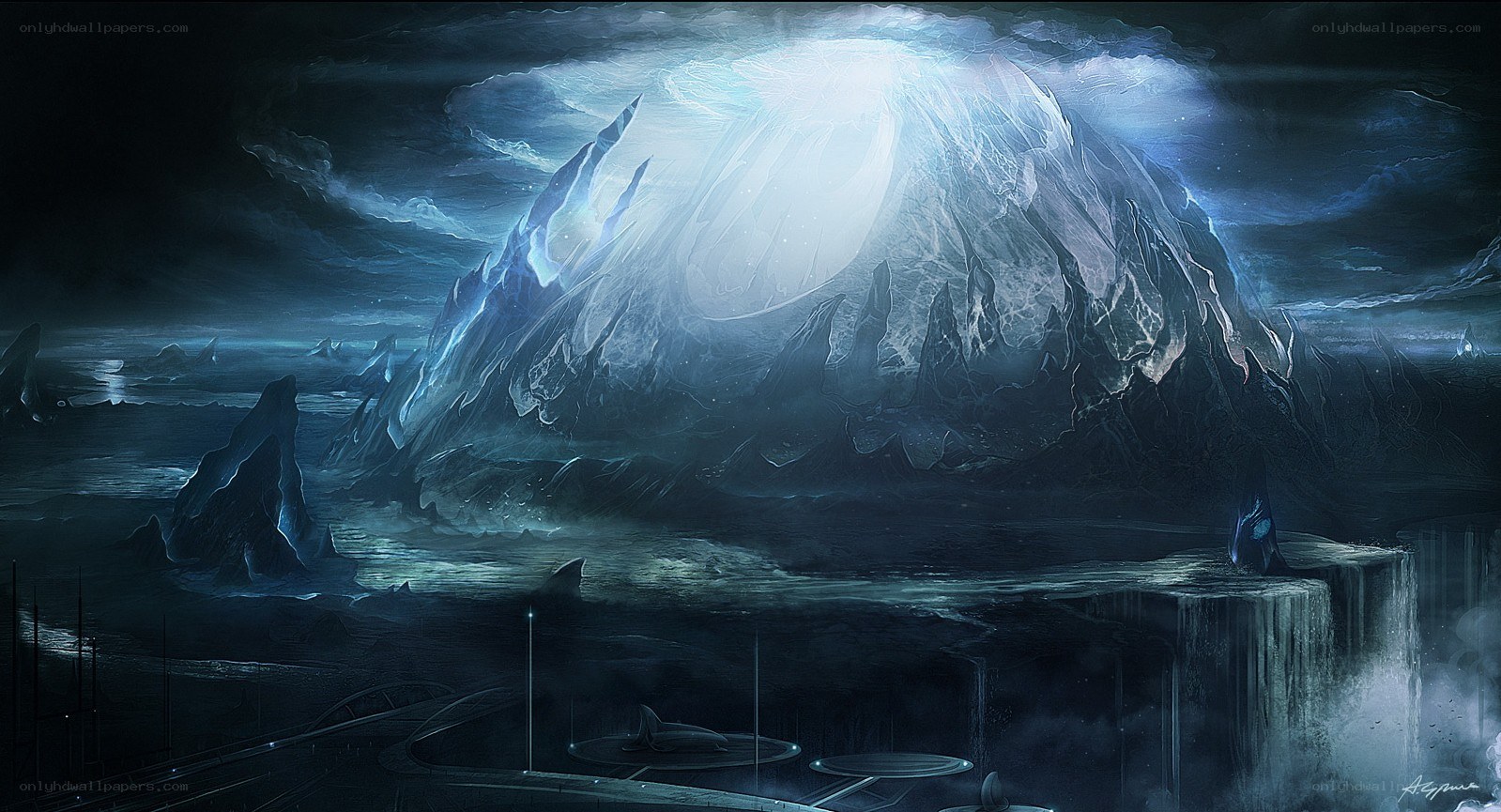 Ice mountain under glowing sky