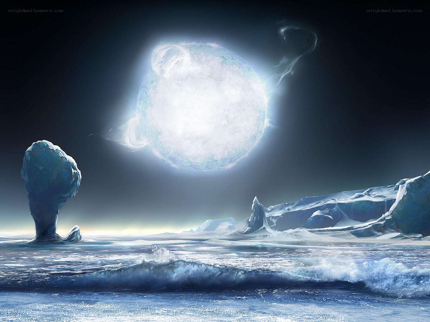 Ice planet with glowing moon