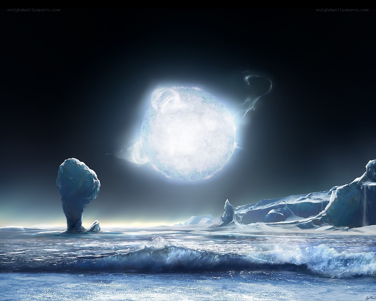 Ice planet with glowing moon