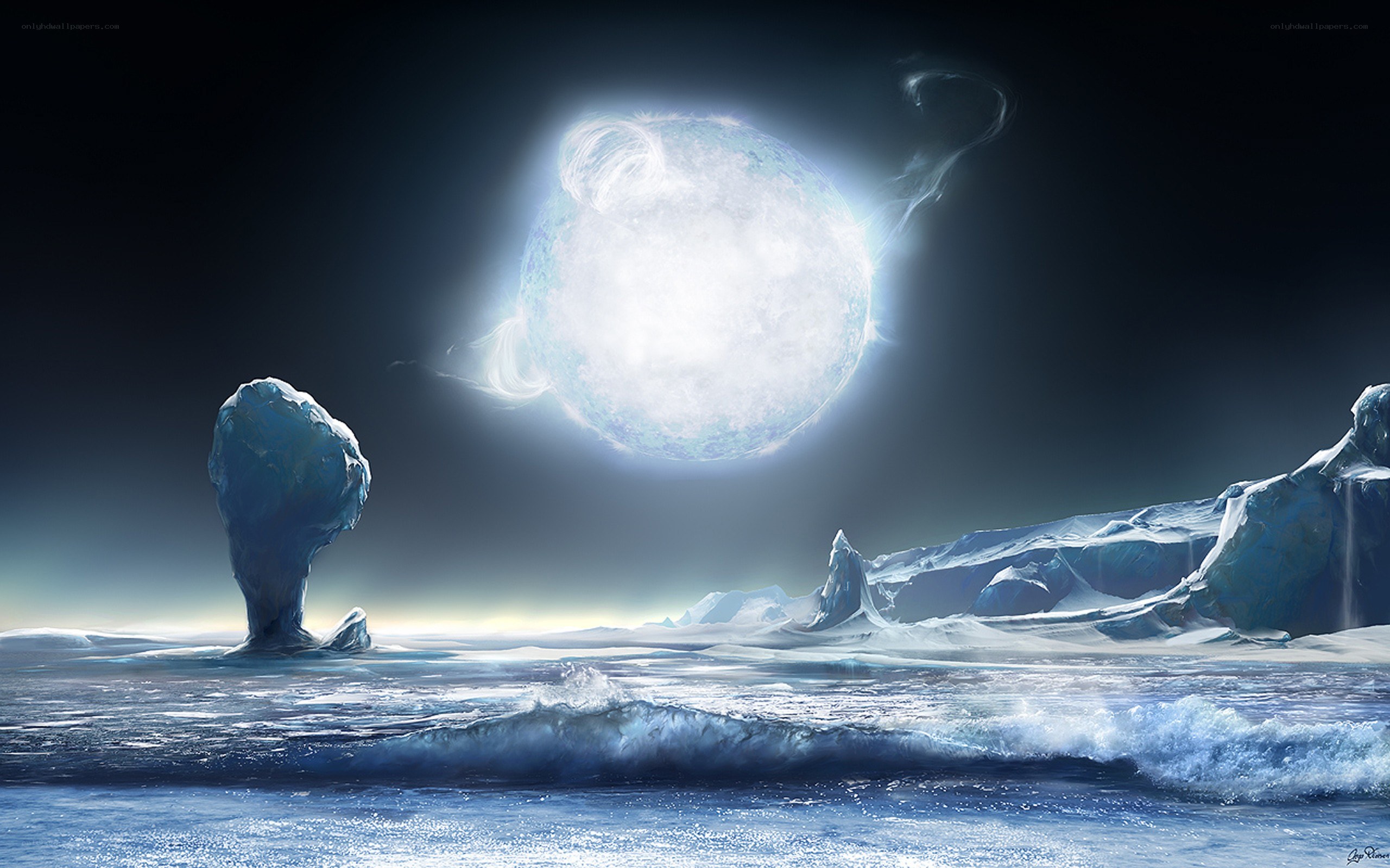 Ice planet with glowing moon