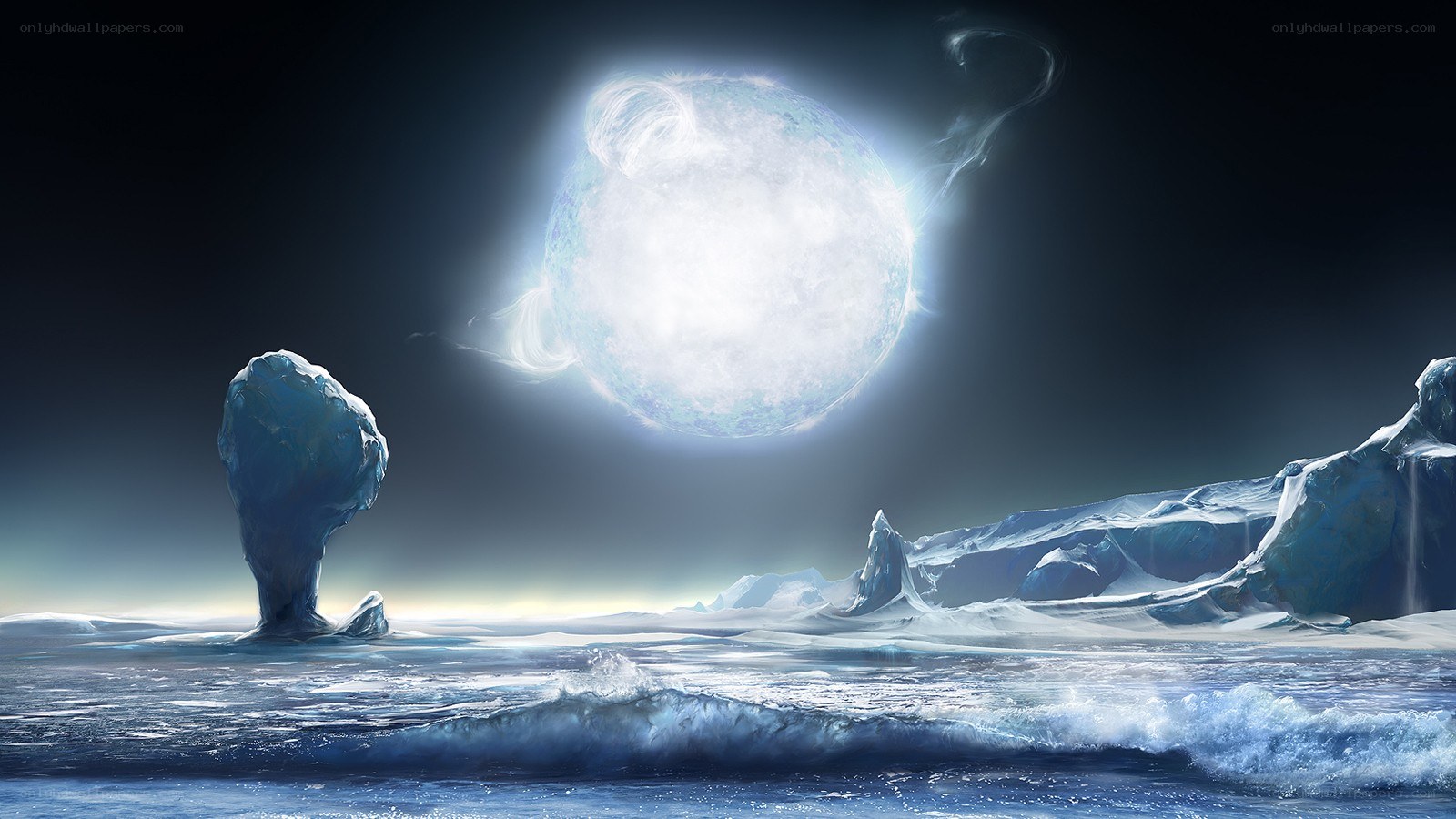 Ice planet with glowing moon