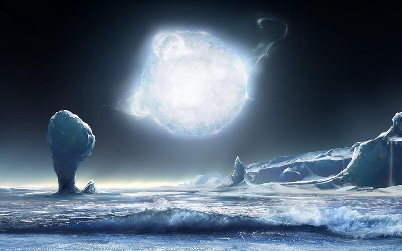 Ice planet with glowing moon