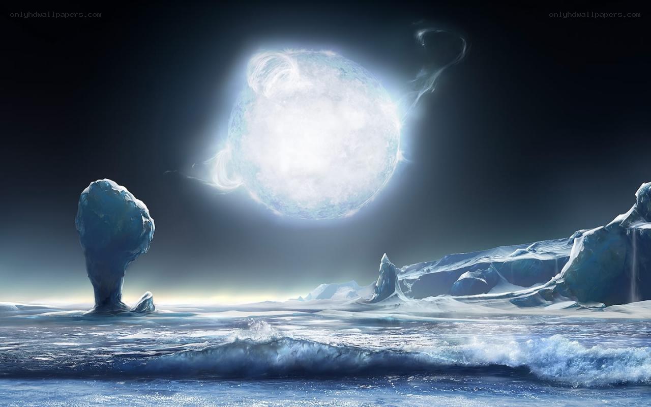 Ice planet with glowing moon