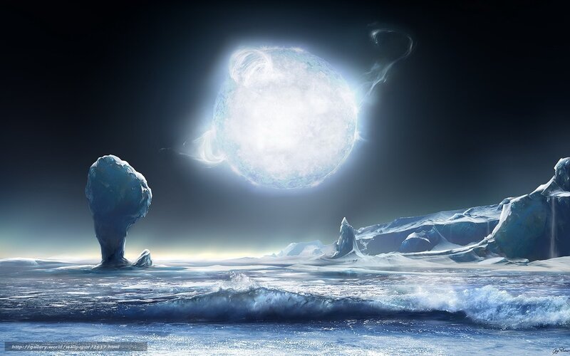 Ice planet with glowing moon
