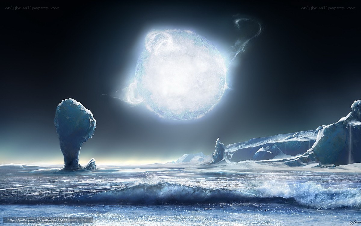 Ice planet with glowing moon