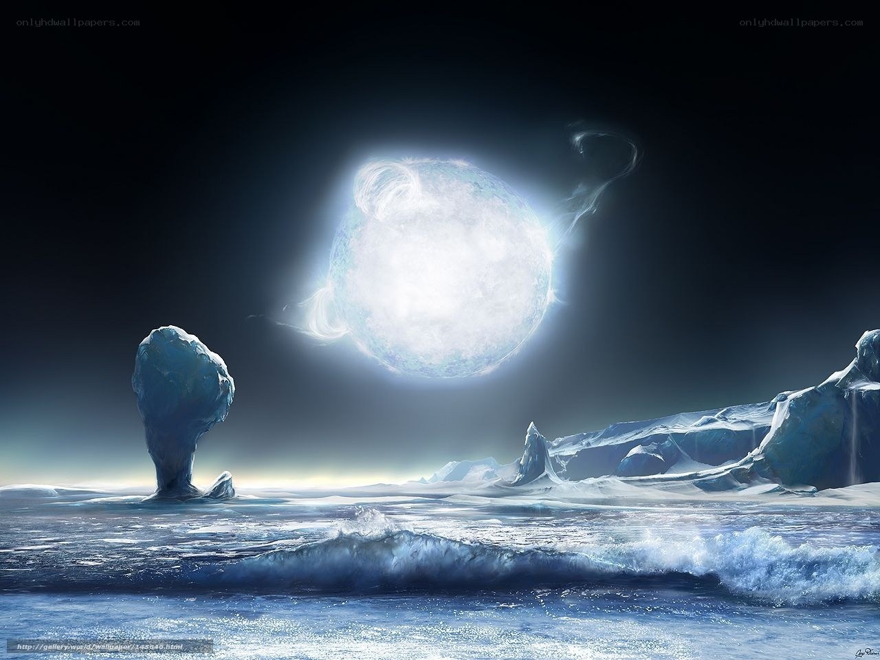 Ice planet with glowing star