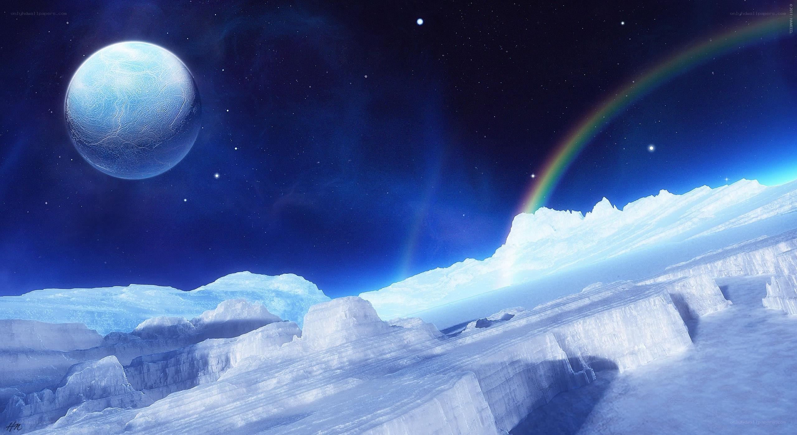 Ice planet with rainbow