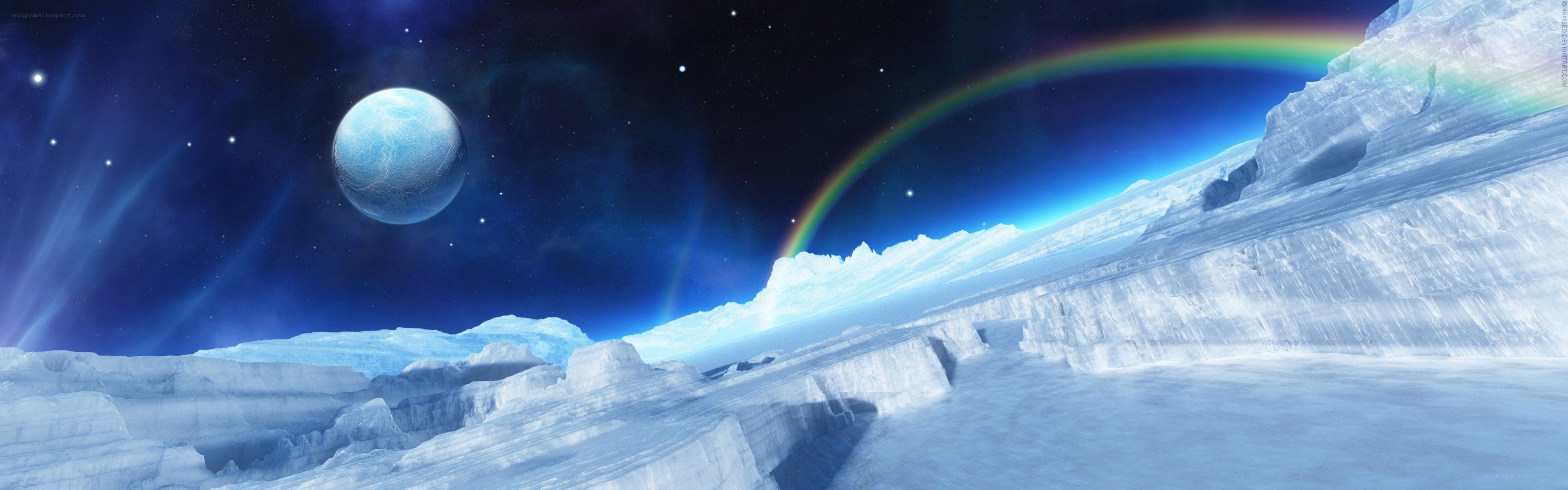 Ice planet with rainbow