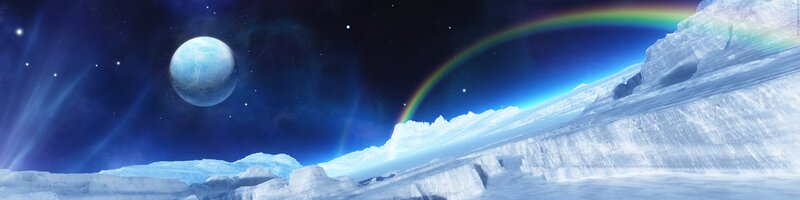Ice planet with rainbow and moon