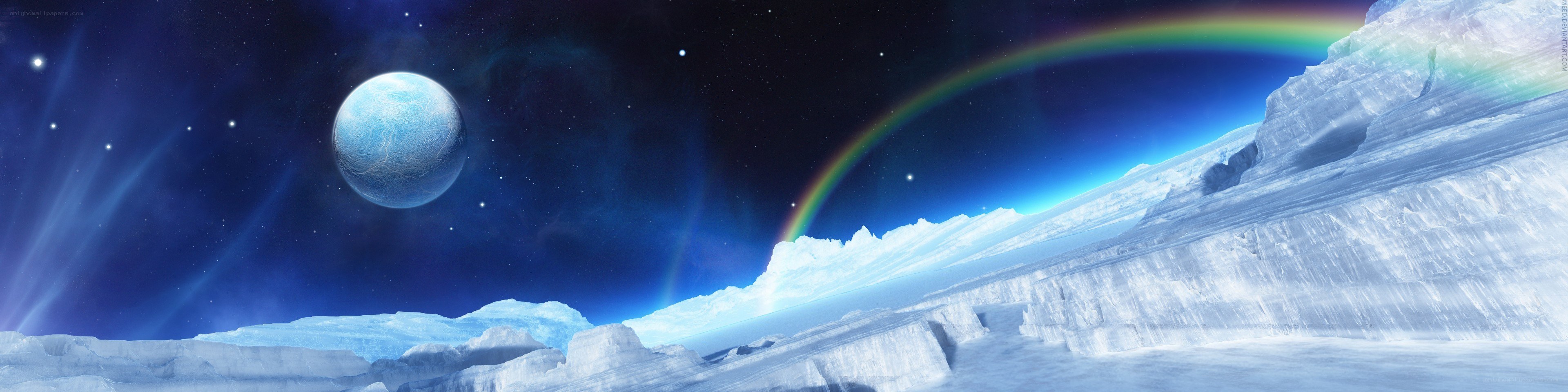Ice planet with rainbow and moon