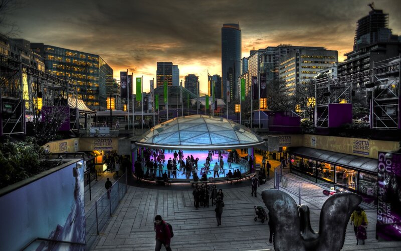 Ice rink at dusk in city