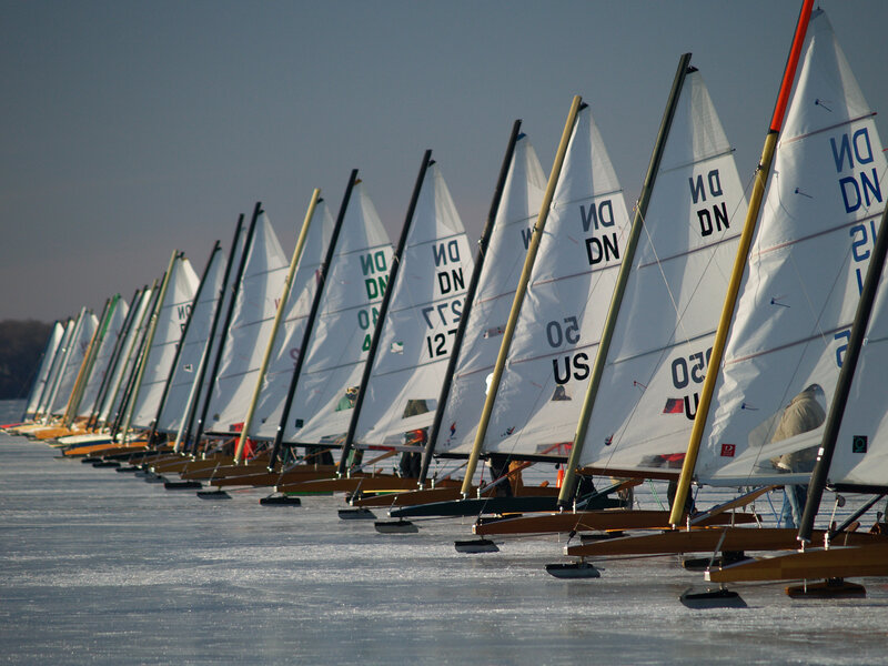 Ice sailing boats in a line