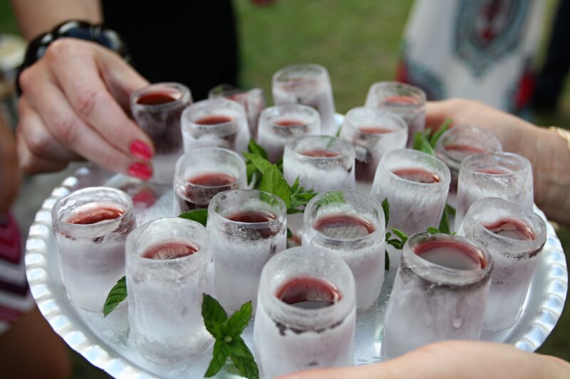 ice shot glasses with red liquid