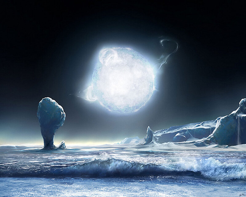 Ice world under glowing moon