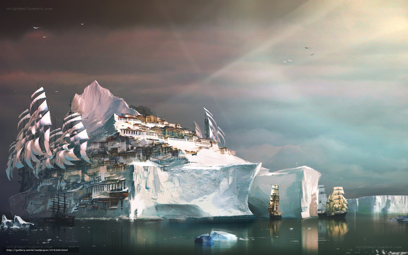 Iceberg city with sailing ships