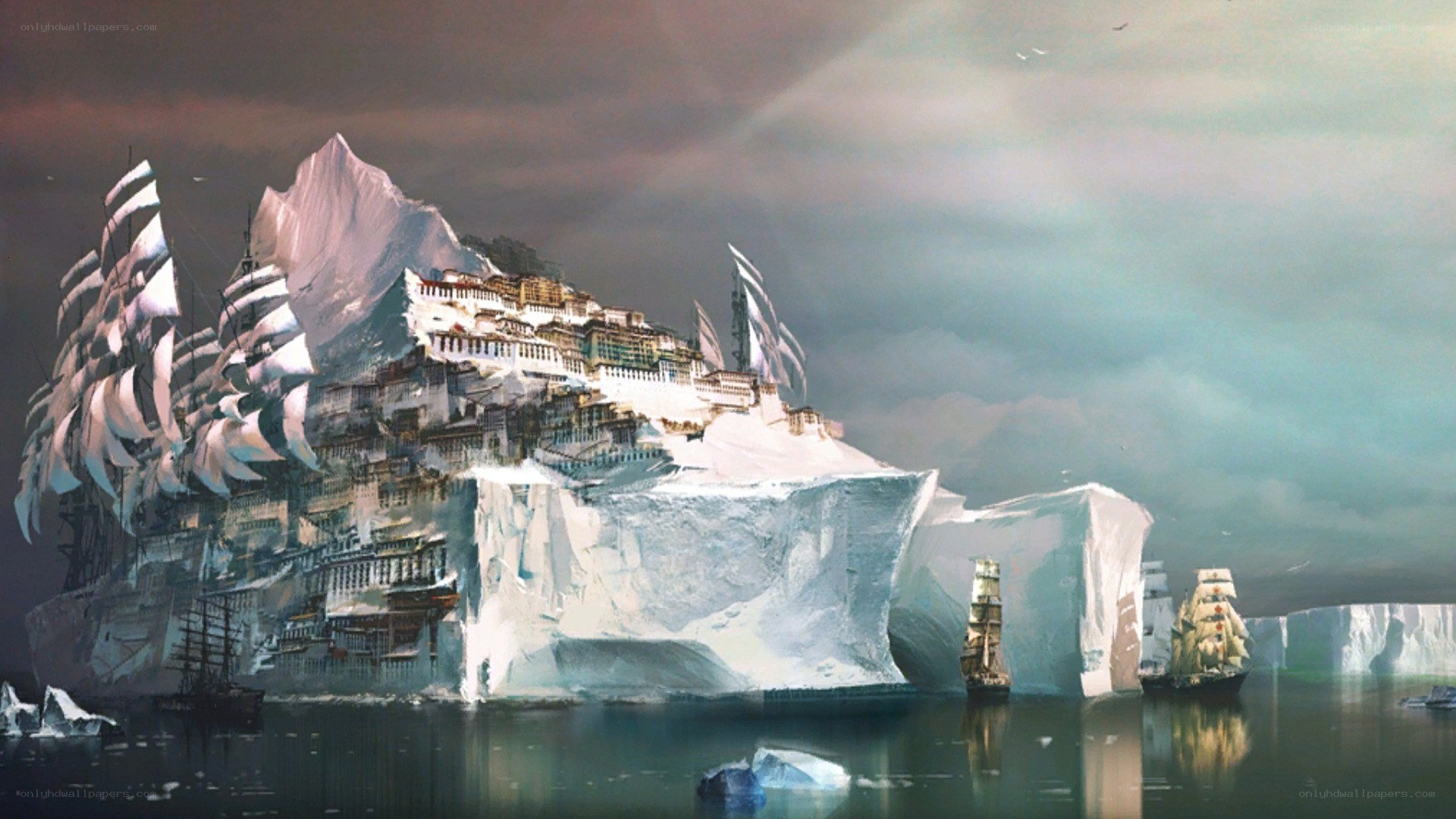 iceberg city with ships