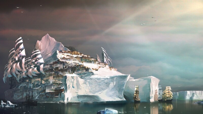 iceberg city with ships