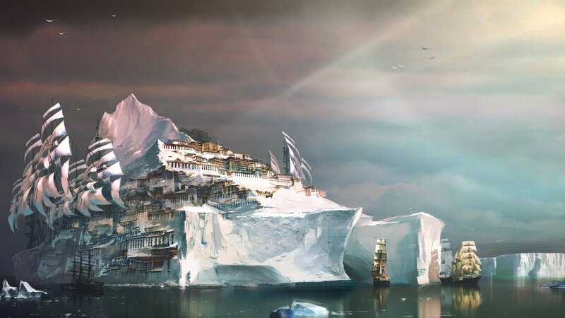 Iceberg City with Ships — White