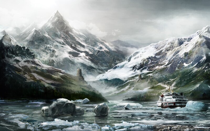 iceberg river with mountain ship