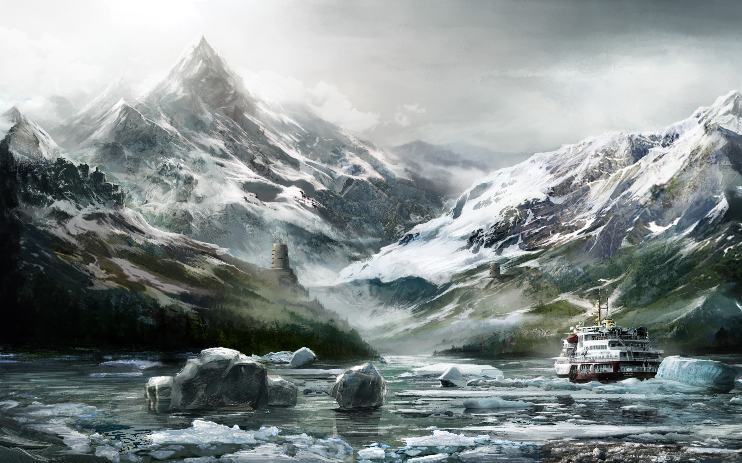 iceberg river with mountain ship