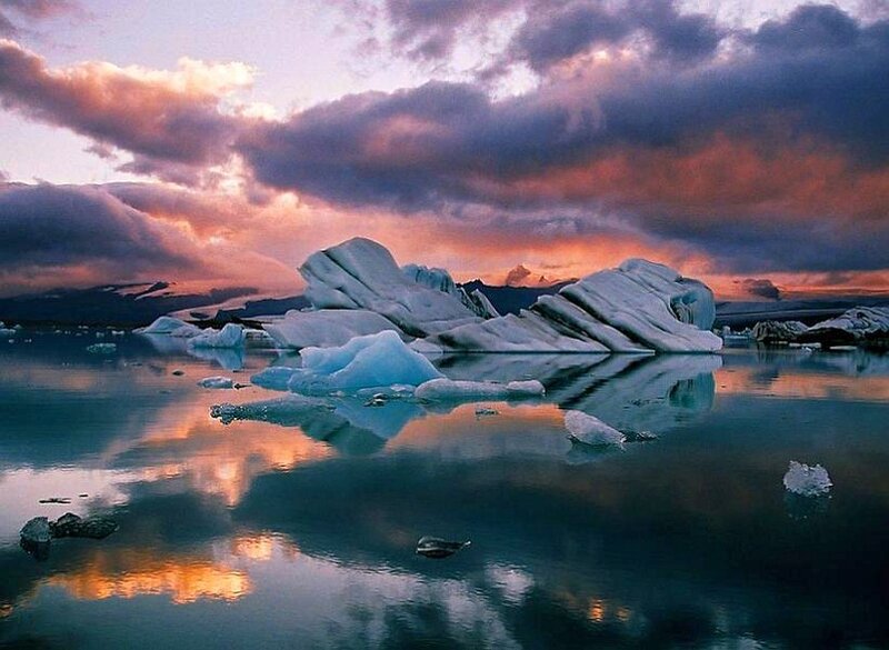 Icebergs at sunset