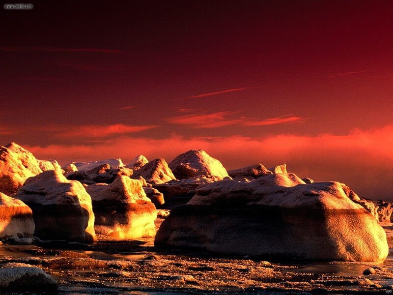 Icebergs at Sunset — Red